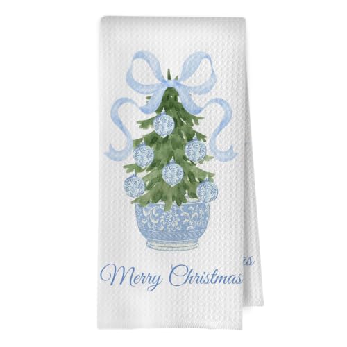 Christmas Tree Chinoiserie Kitchen Towels - Blue Coquette Bow Waffle Decor - 16x24 Inches - Holiday Home Decor - Variation of THIS listing