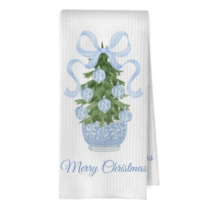 Christmas Tree Chinoiserie Kitchen Towels - Blue Coquette Bow Waffle Decor - 16x24 Inches - Holiday Home Decor - Variation of THIS listing