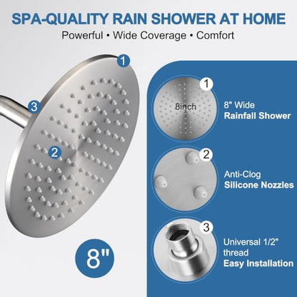Brushed Nickel 8-Inch Metal Rain Shower Head - SUS 304 Stainless Steel, Fixed Wall/Ceiling Mount, Anti-Clog Nozzles, Luxury Spa Bathroom Fixture