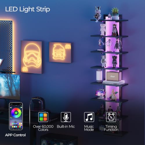Black 8-Tier Wall Mounted Shelf with RGB LED Lights - Floating Display