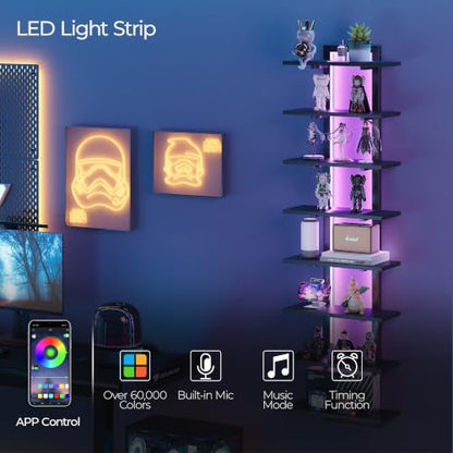 Black 8-Tier Wall Mounted Shelf with RGB LED Lights - Floating Display