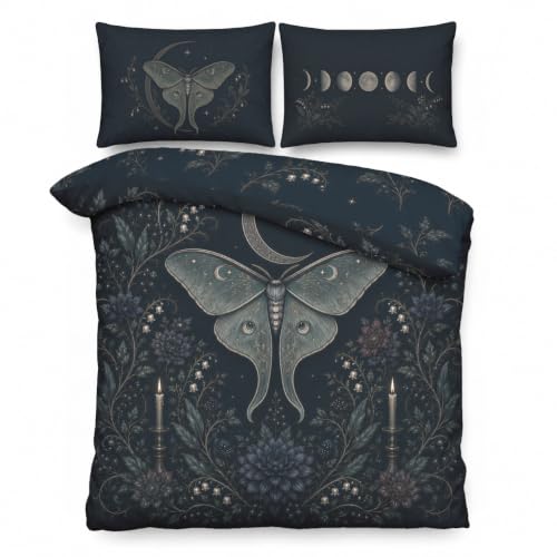 Oversized King Gothic Duvet Cover Set Luna Moth Floral Navy Blue Gray Silver