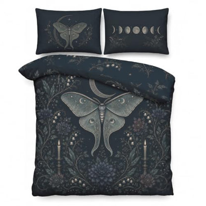 Oversized King Gothic Duvet Cover Set Luna Moth Floral Navy Blue Gray Silver
