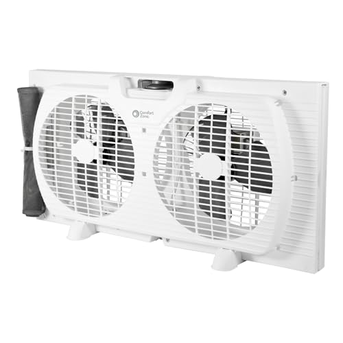 Comfort Zone Window Fan for Bedroom, 9 inch 3 Speed Dual Fans with Auto-Locking Expanders, Window Exhaust Fan, Removeable Bug Screen, Black