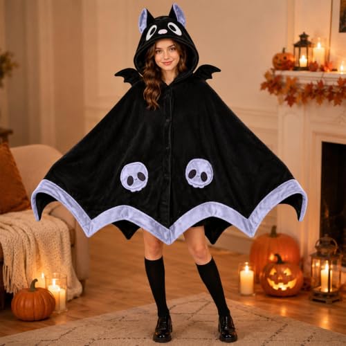 Wearable Bat Blanket Hoodie with Wings for Halloween Cosplay & Lounging