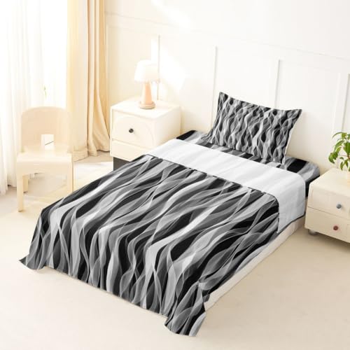 Kids Twin Sheet Set - Grey White Black Gradient Abstract Wavy Ribbon Design