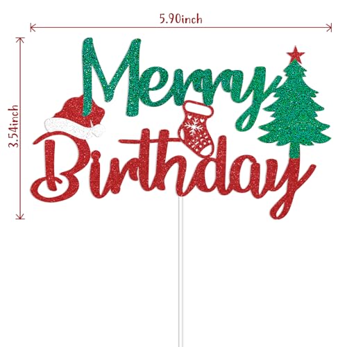 Christmas Cake Topper - Merry Birthday Decorations with Red & Green Glitter