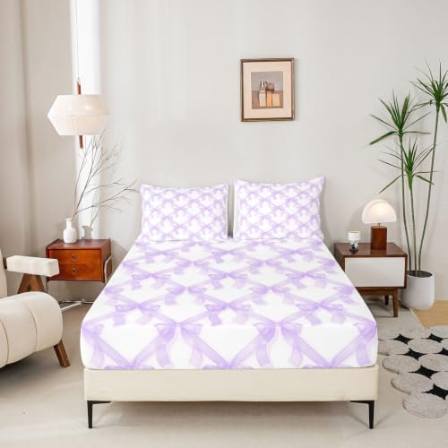 Kids Full Size Bed Sheet Set with Bowknot & Heart Pattern - Purple White, Deep Pocket, 3 Pieces - Manfei