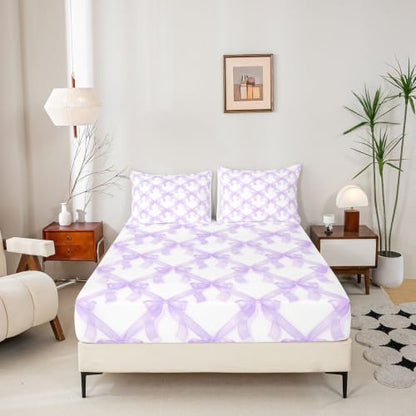 Kids Full Size Bed Sheet Set with Bowknot & Heart Pattern - Purple White, Deep Pocket, 3 Pieces - Manfei