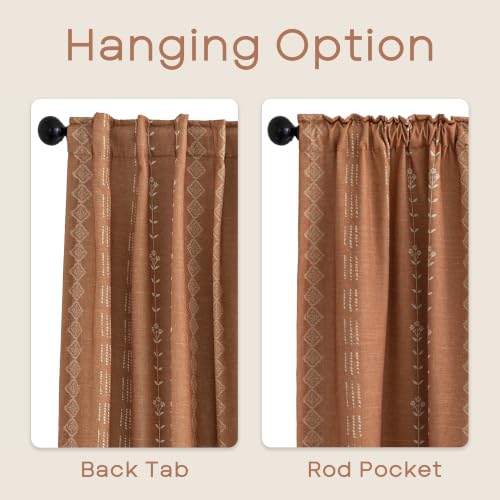 Terracotta Boho Blackout Curtains Set - 50W x 84L, 2 Panels, Vintage Floral Farmhouse Style, Linen Cotton Blend, Autumn Rust Orange Pattern, Autumn Drapes