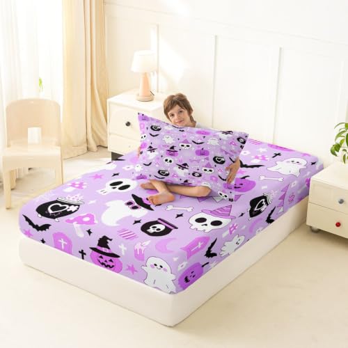 Halloween Purple Ghost Fitted Sheet Twin Size with Pillowcase - Kids Bedroom Decor