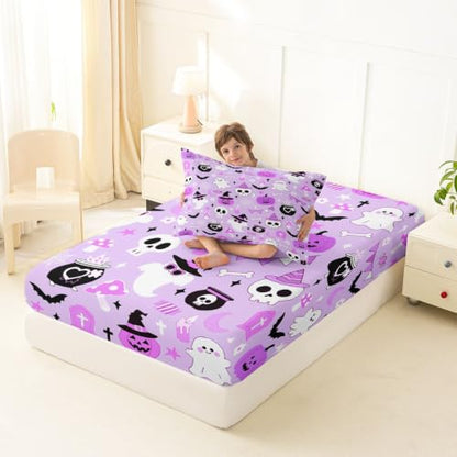 Halloween Purple Ghost Fitted Sheet Twin Size with Pillowcase - Kids Bedroom Decor
