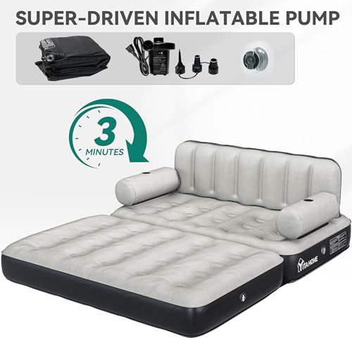Queen Size Air Sofa Bed Mattress with Headboard & Pump - Black, Portable & Inflatable