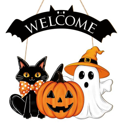 Large Black Wooden Halloween Ghost Door Wreath for Front Door & Wall Decor - Sophena