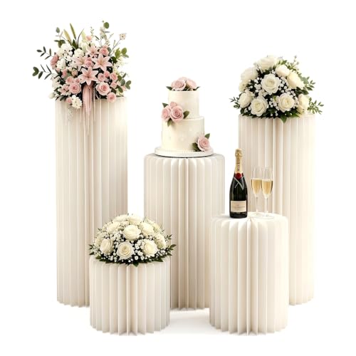 Wedding Pedestal Stand Set with Acrylic Tops - 5 Graduated Heights, Heavy-Duty Columns
