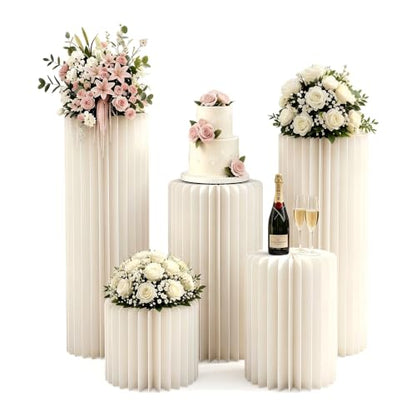 Wedding Pedestal Stand Set with Acrylic Tops - 5 Graduated Heights, Heavy-Duty Columns