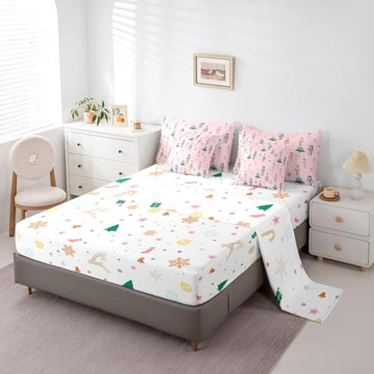 Pink Christmas Comforter Set Queen Size Kids Holiday Bed in a Bag with Variation Green Pink