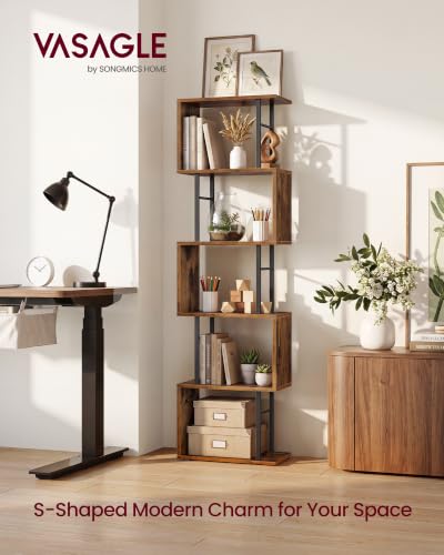 VASAGLE Rustic Brown 6-Tier S-Shaped Tall Book Shelf - 15" Wide Book Organizer