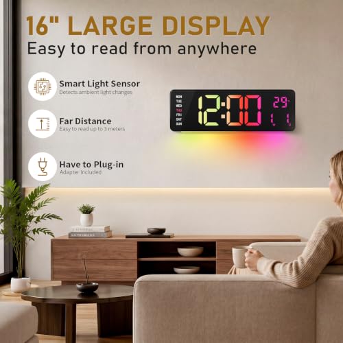 16-Inch Digital Wall Clock with RGB LED Display & Remote - Multicolor
