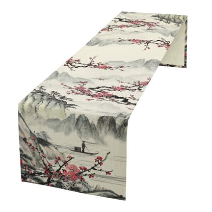 Japanese Table Runner - Ink Painting Plum Cherry Blossom Landscape, Rustic Asian Design, 13x36 Inches - Variation of THIS listing