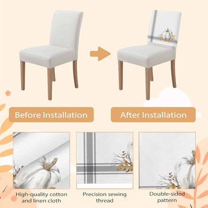 Set of 4 Fall Pumpkin Chair Covers - White & Grey Halloween & Thanksgiving Decor