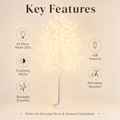 4ft Birch Tree with Lights - 64 LEDs, USB, 8 Lighting Modes, IP44