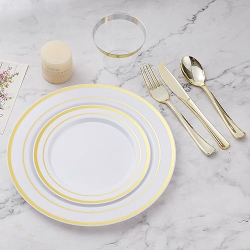 Disposable Plastic Dinnerware Set for 25 Guests - Gold Dinner Plates & Cutlery