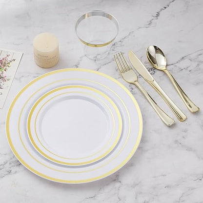 Disposable Plastic Dinnerware Set for 25 Guests - Gold Dinner Plates & Cutlery