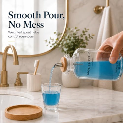 Refillable Glass Mouthwash Dispenser Set with Cup & Bamboo Tray - Clear