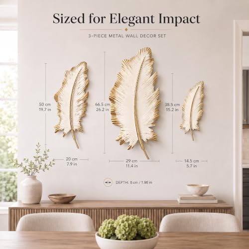 Large Metal Feather Wall Decor Set - Beige Gold 3D Wall Art for Living Room