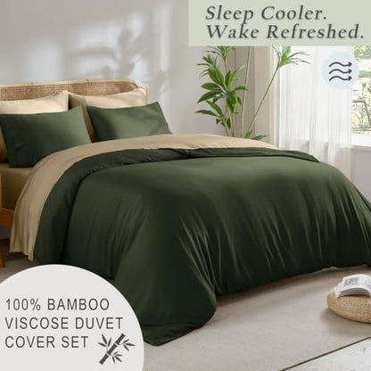 TOSMO Luxury Bamboo Duvet Cover Set Queen Olive 3-Piece