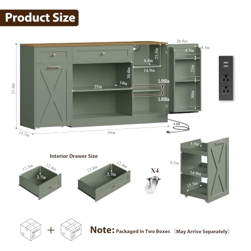 Green Kitchen Buffet Cabinet with Storage & Rolling Cart - 59 Inch