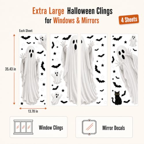 Halloween Ghost Window Clings - Large Mirror Decals with Bats - Holiday Variation