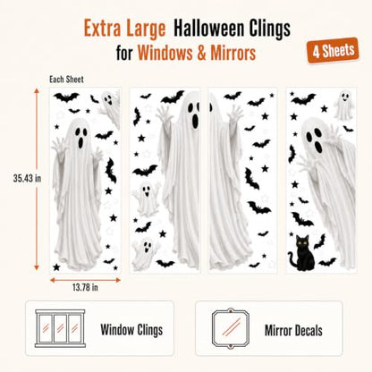Halloween Ghost Window Clings - Large Mirror Decals with Bats - Holiday Variation