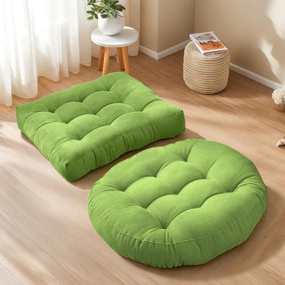 Green Large Round and Square Floor Cushion Set of 2 - Meditation & Lounge Pillows