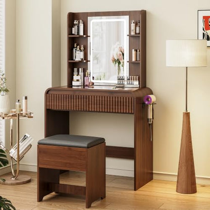 Walnut Makeup Vanity Desk with Mirror and Lights, 2 Drawers & Stool - Variation Walnut / 31.69 INCH