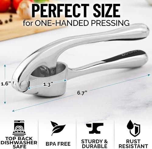 Zulay Kitchen Premium Garlic Press Set - Rust Proof & Dishwasher Safe Professional Garlic Mincer Tool - Easy-Squeeze, Easy-Clean with Soft, Ergonomic Handle - Silicone Garlic Peeler & Brush (Chrome)