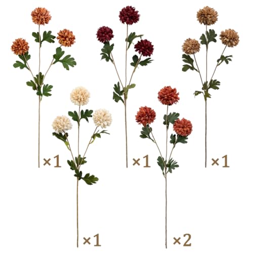 Artificial Fall Flowers 27Inch Faux Pompon Mums - Mixed Colors, Set of 6