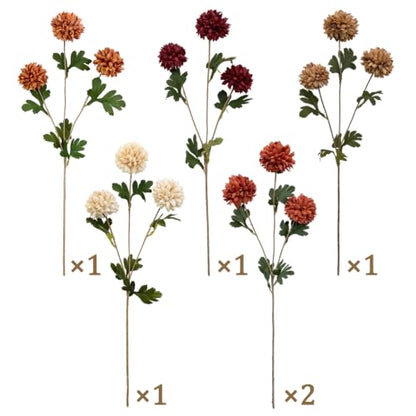 Artificial Fall Flowers 27Inch Faux Pompon Mums - Mixed Colors, Set of 6