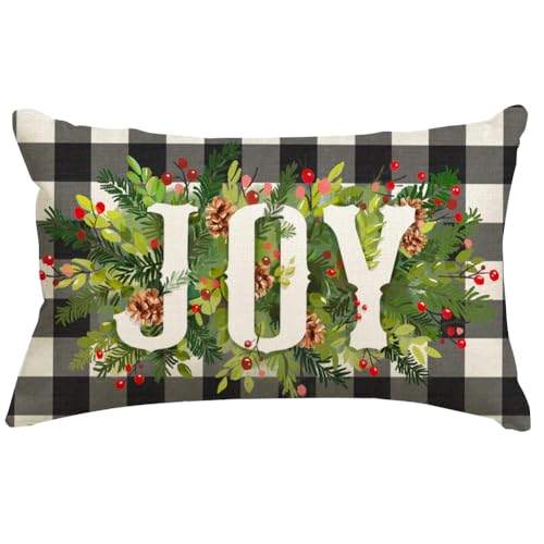 Christmas Pillow Covers 12x20 Black and Beige Buffalo Plaid Joy Wreath Outdoor Lumbar Set