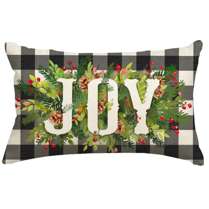 Christmas Pillow Covers 12x20 Black and Beige Buffalo Plaid Joy Wreath Outdoor Lumbar Set