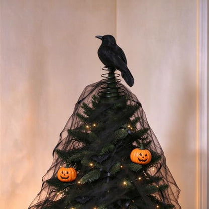 Halloween Black Crow Tree Topper with Feather Design and Metal Spring Base