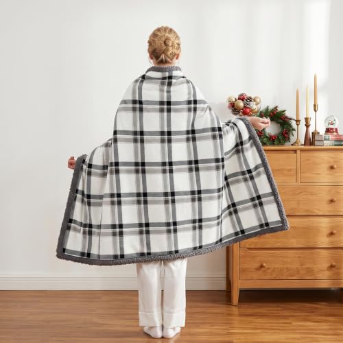 Garvee Electric Wearable Blanket 45x60 Flannel Sherpa Poncho - Dark White Plaid + Gray