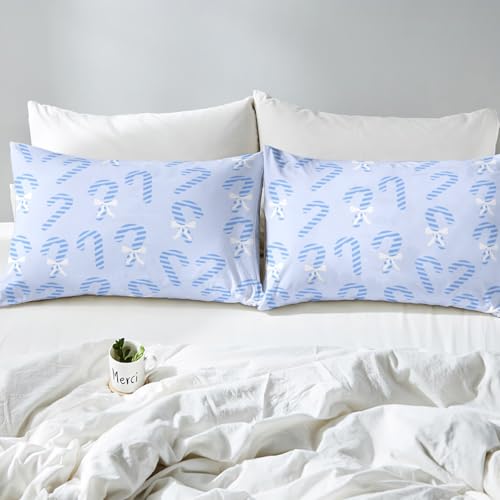 Christmas Bed Sheets Set Full Size - Candy Cane Pattern, Blue & White Variation