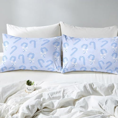 Christmas Bed Sheets Set Full Size - Candy Cane Pattern, Blue & White Variation