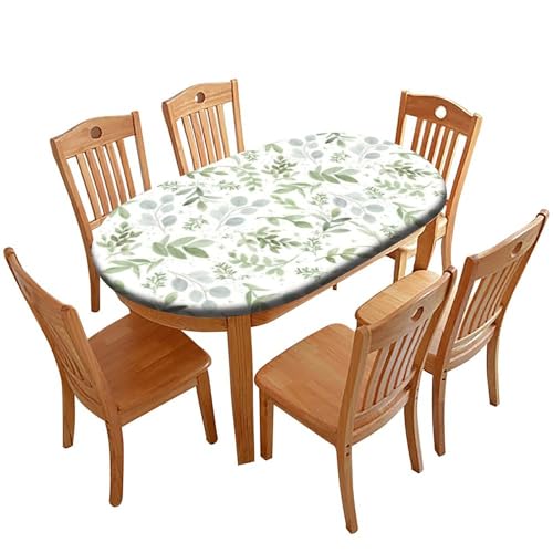 Fitted Floral Teal Sage Green Oval Tablecloth - 68" x 48" Polyester Outdoor Cover - Elastic Edge for Picnic & Party