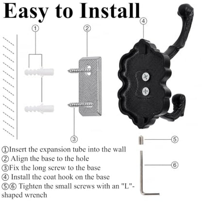 Vintage Black Coat Hook Set - 4 Heavy Duty Wall Hooks for Organizing
