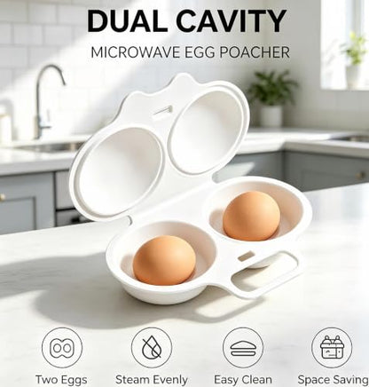 Microwave Egg Poacher for 2 Eggs with Lid & Handle - Quick, Oil-Free Cooking