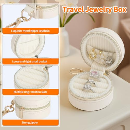Mini Travel Jewelry Box with Keychain - 3 Ring Slots, Beige