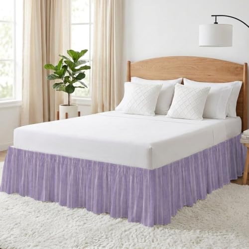 Lavender Linen Bed Skirt with Parallel Vertical Stripes - Queen 16 Inch Drop - Adjustable Elastic Wrap-Around Dust Ruffle